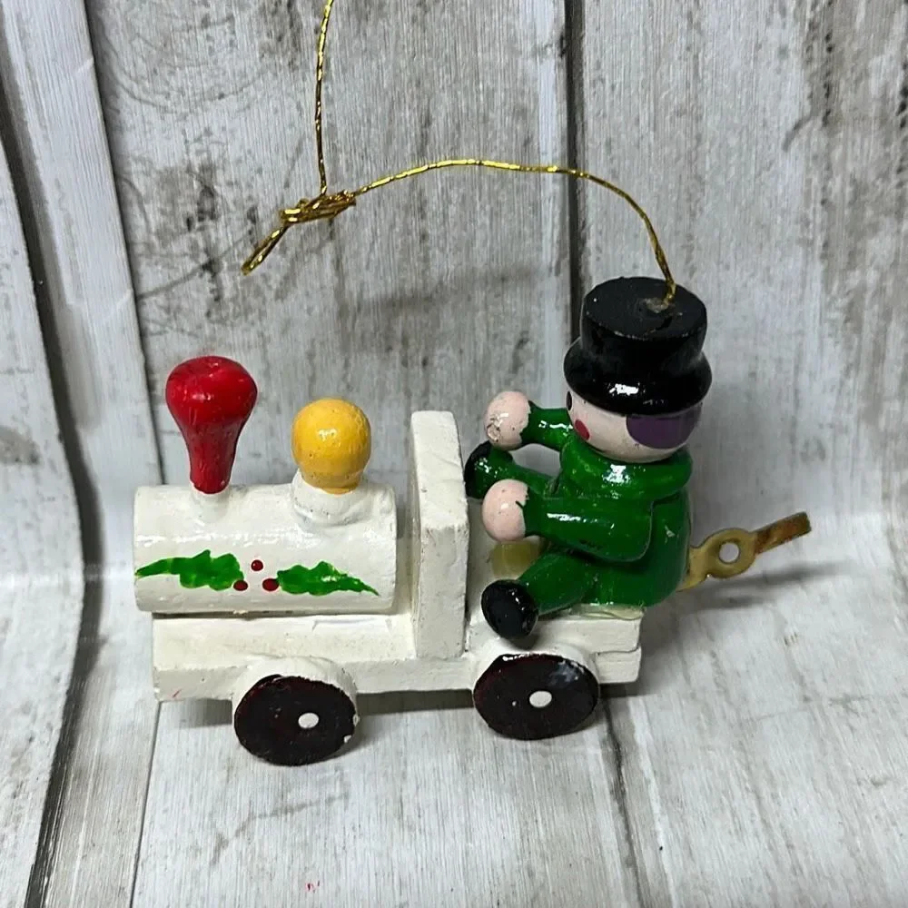 Vintage Wooden Christmas Ornaments set of 5 Snowman‎ Jack-in-the-box Train Harp